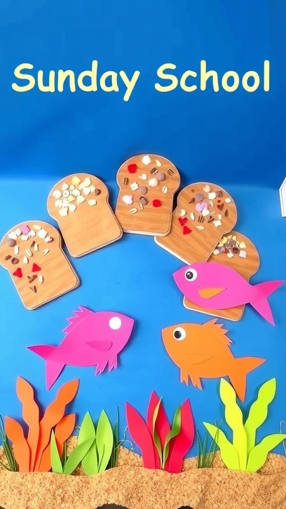 Creative Sunday School Craft: 5 Loaves of Bread and 2 Fish Colorful Sunday School craft of 5 loaves of bread and 2 fish made from construction paper.